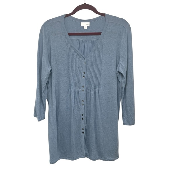 J. Jill Slate Blue Linen Modal Pintuck Button Front Casual Blouse Top Medium - Picture 3 of 9
